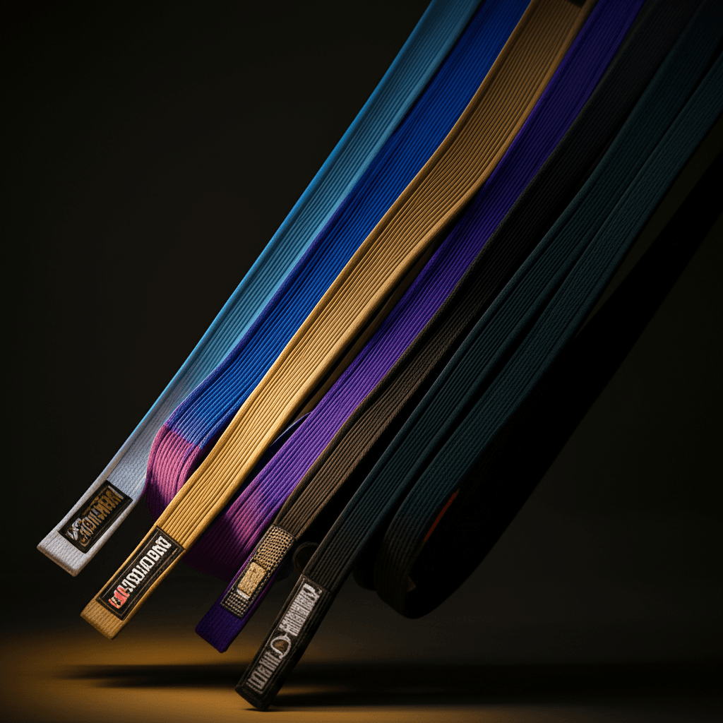 BJJ belts arranged showing progression from white to black