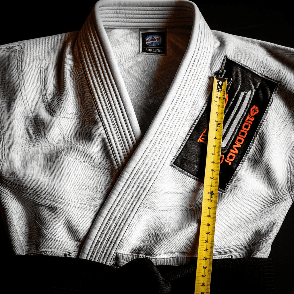 Premium BJJ gi with measuring tape showing quality fabric detail