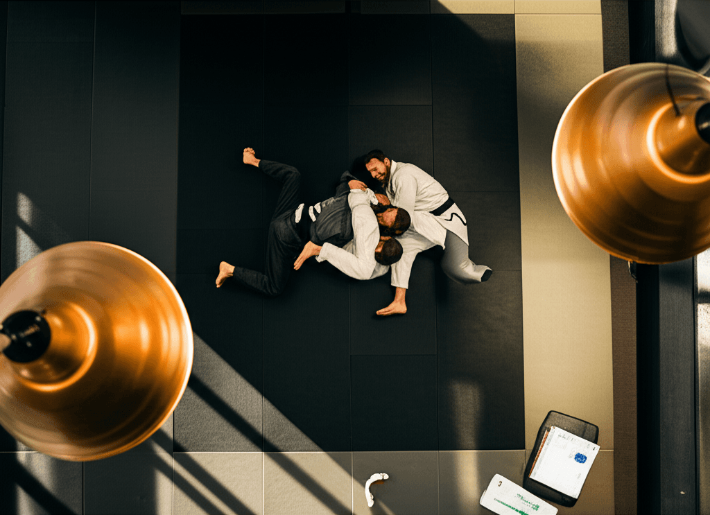Overhead view of a BJJ training session with structured drilling