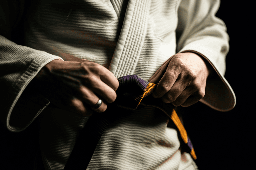 Hands tying a new BJJ belt during promotion